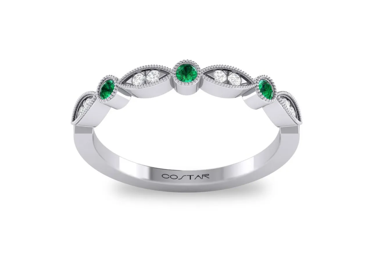 14K White Gold Birthstone and Diamond Milgrain detailed Marquee Band