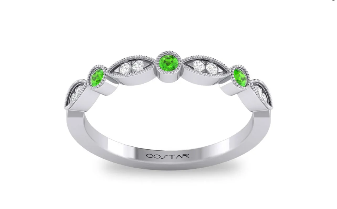 14K White Gold Birthstone and Diamond Milgrain detailed Marquee Band