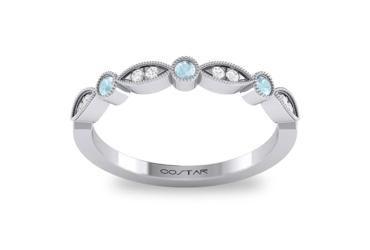 14K White Gold Birthstone and Diamond Milgrain detailed Marquee Band