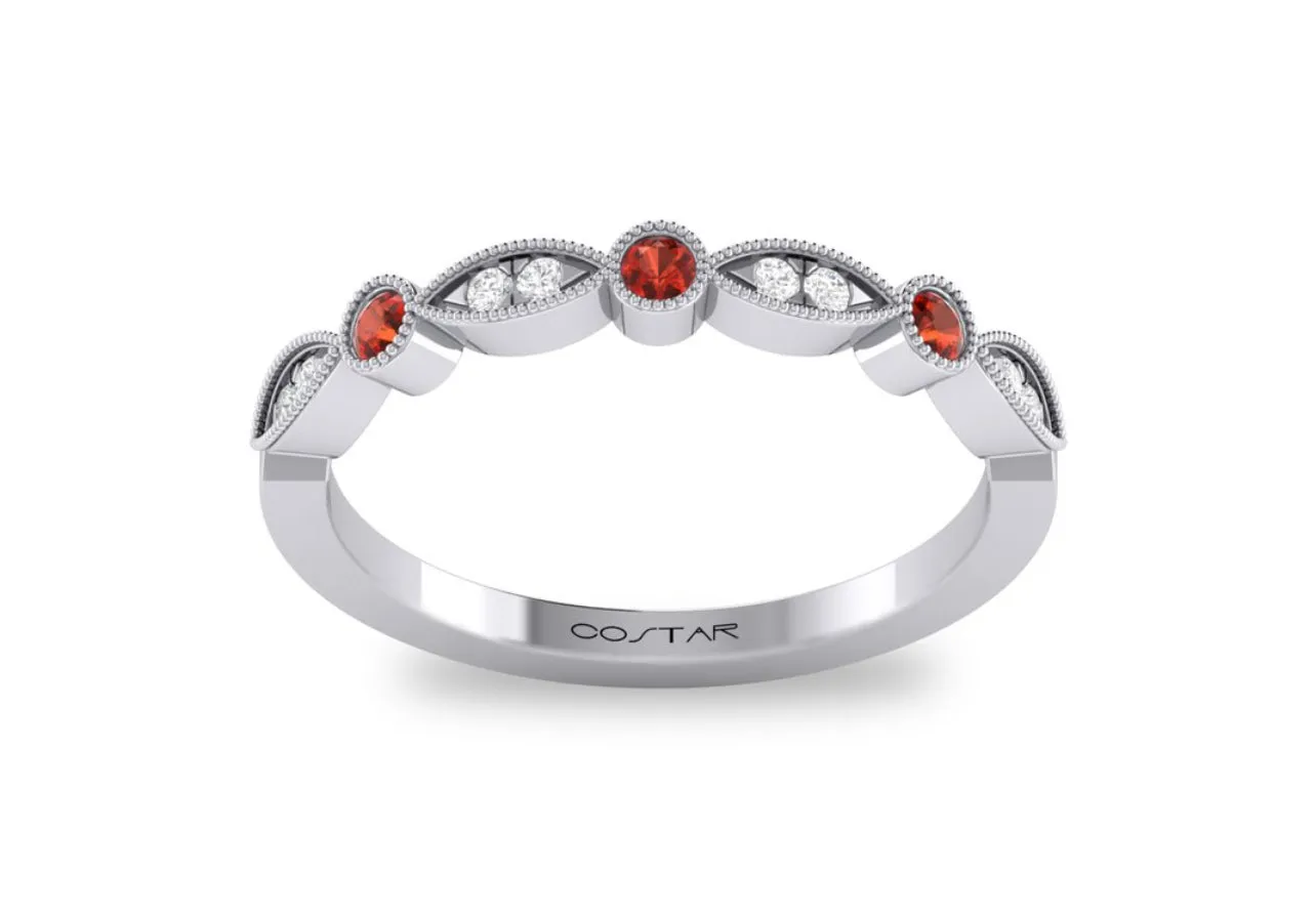 14K White Gold Birthstone and Diamond Milgrain detailed Marquee Band