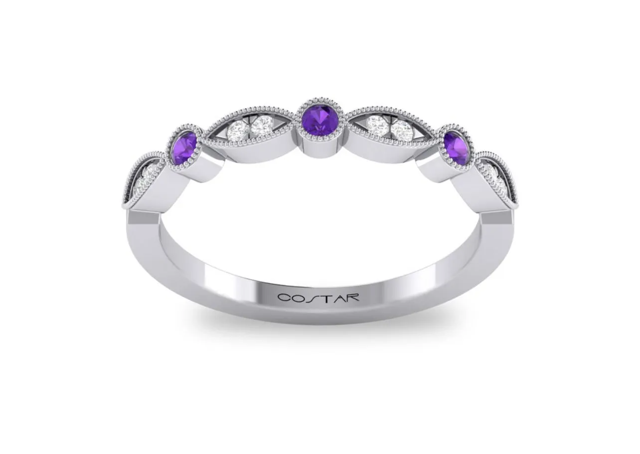 14K White Gold Birthstone and Diamond Milgrain detailed Marquee Band