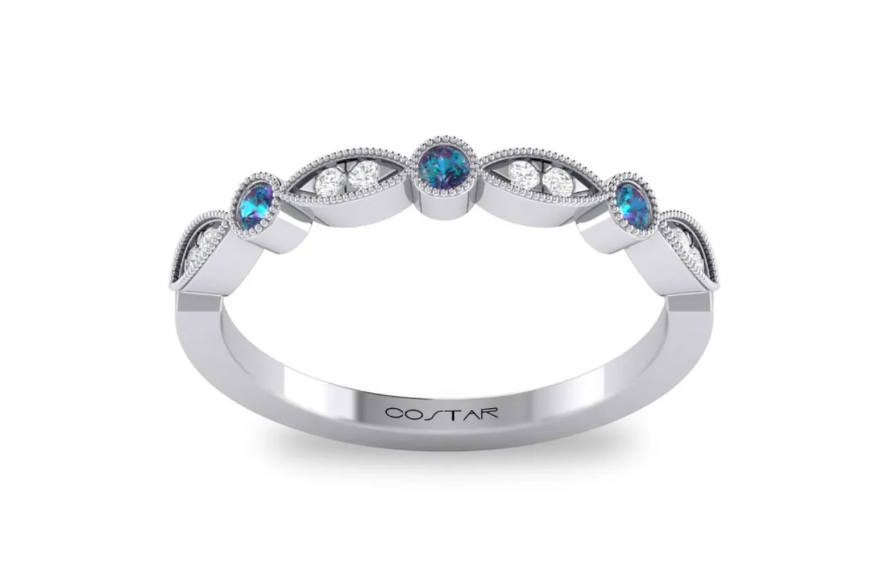 14K White Gold Birthstone and Diamond Milgrain detailed Marquee Band