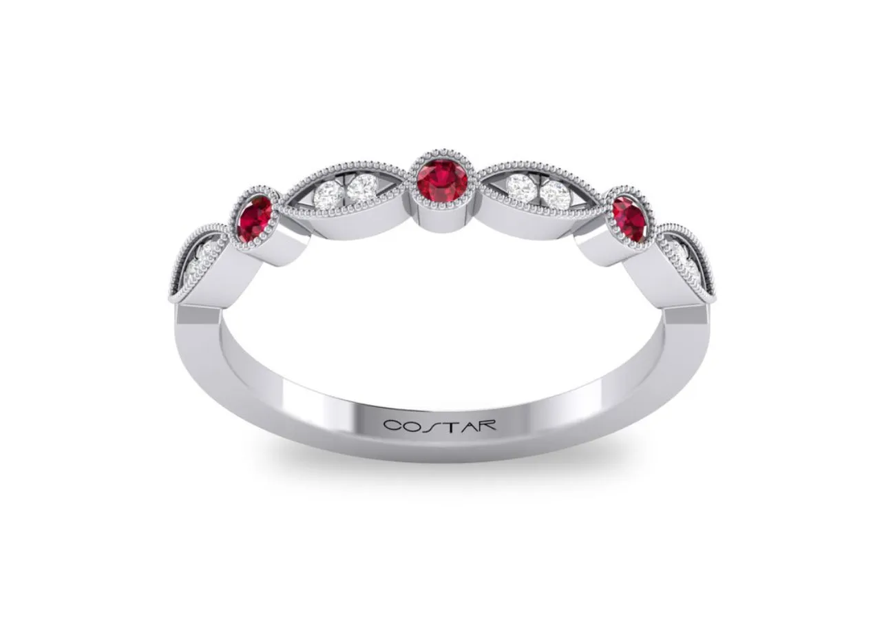 14K White Gold Birthstone and Diamond Milgrain detailed Marquee Band