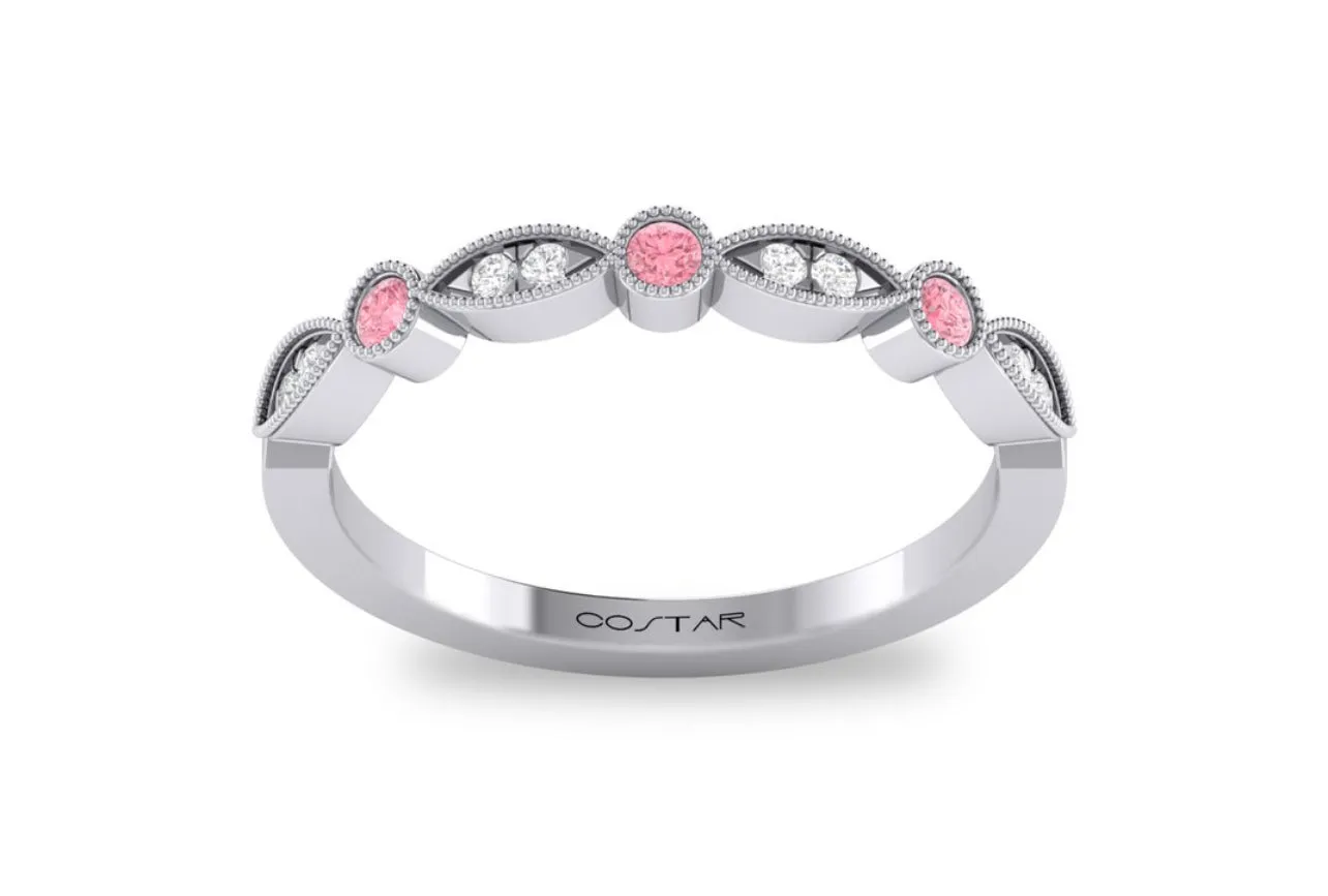 14K White Gold Birthstone and Diamond Milgrain detailed Marquee Band
