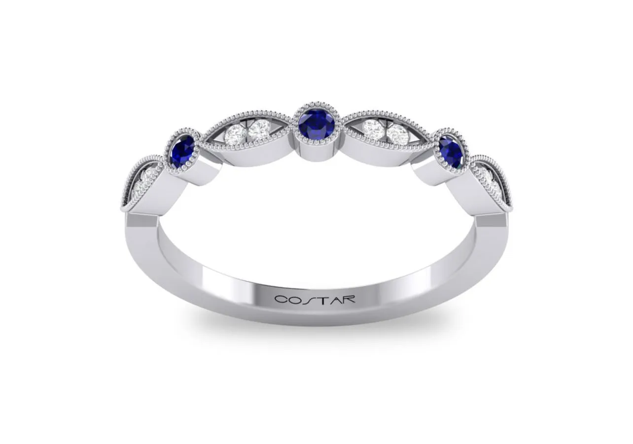 14K White Gold Birthstone and Diamond Milgrain detailed Marquee Band