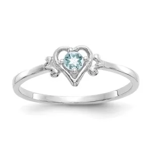 14k White Gold Genuine Aquamarine March Birthstone Heart Ring