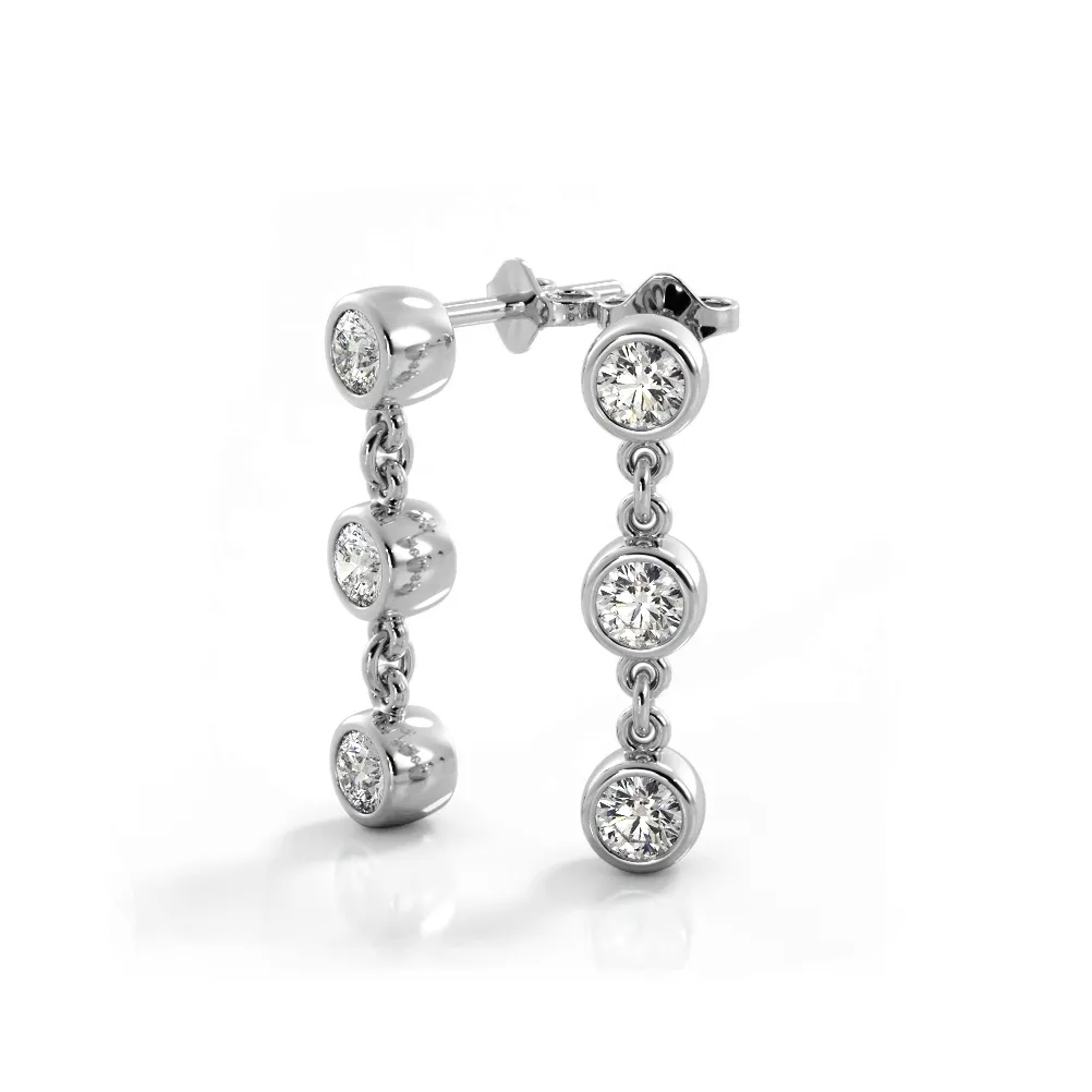 1.50 ctw. Bezel Set Diamond Drop Earrings Three Stone Style