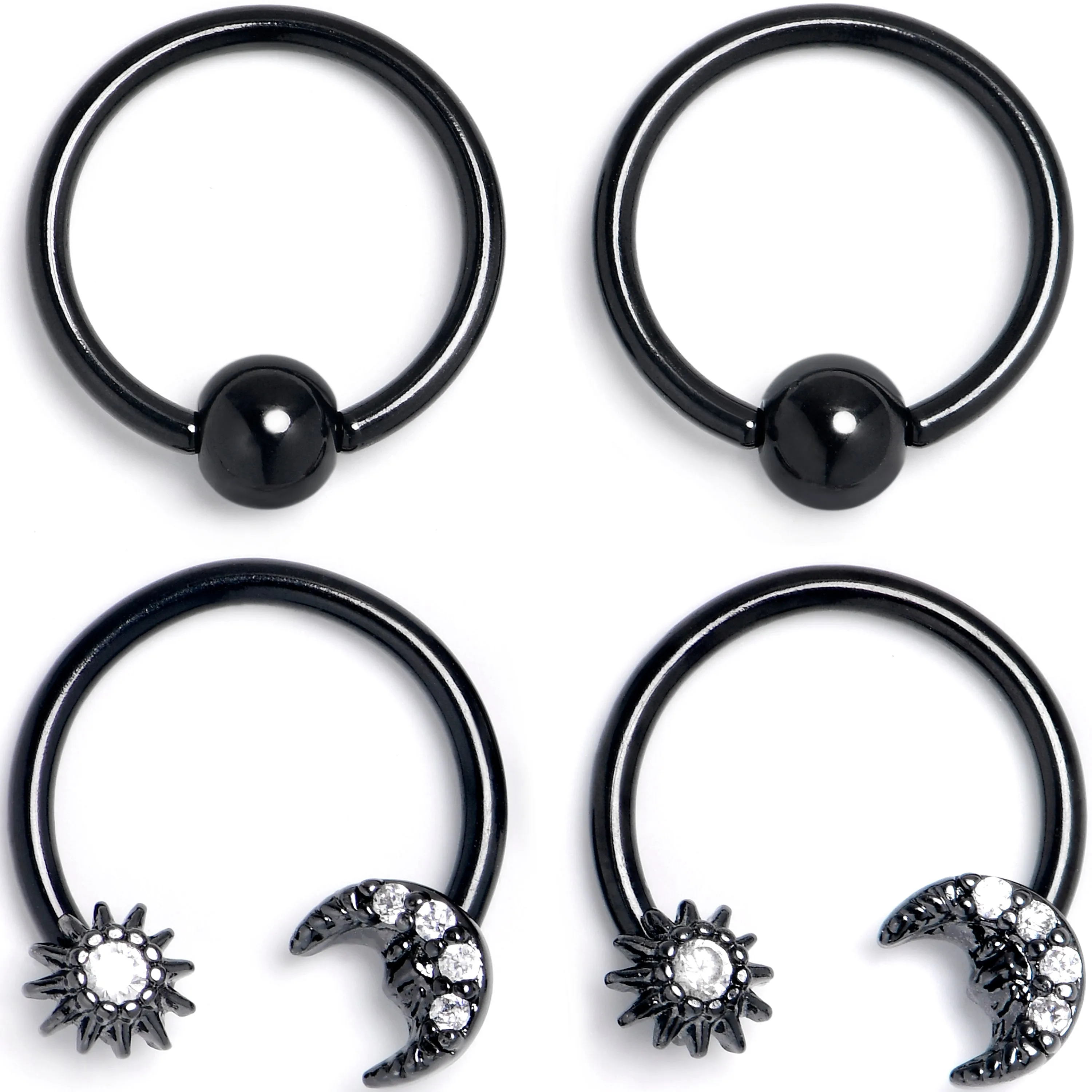 16 Gauge 3/8 Clear Gem Black Moon Sun BCR Captive Horseshoe Set of 4