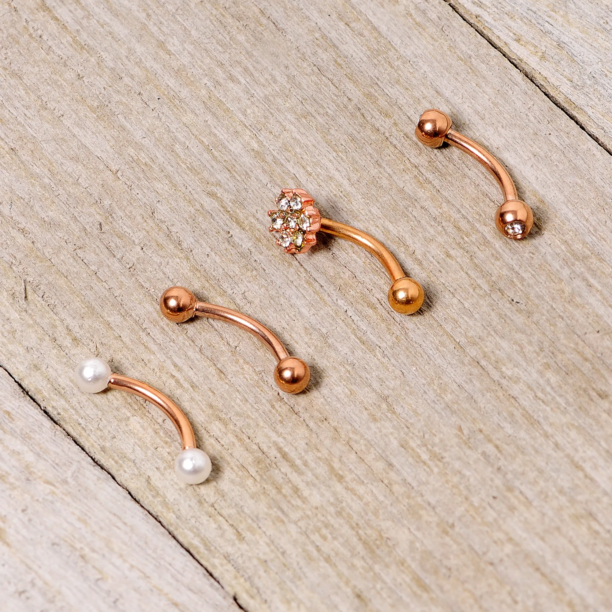 16 Gauge 5/16 Clear Gem Rose Gold Tone Curved Eyebrow Ring Set of 4