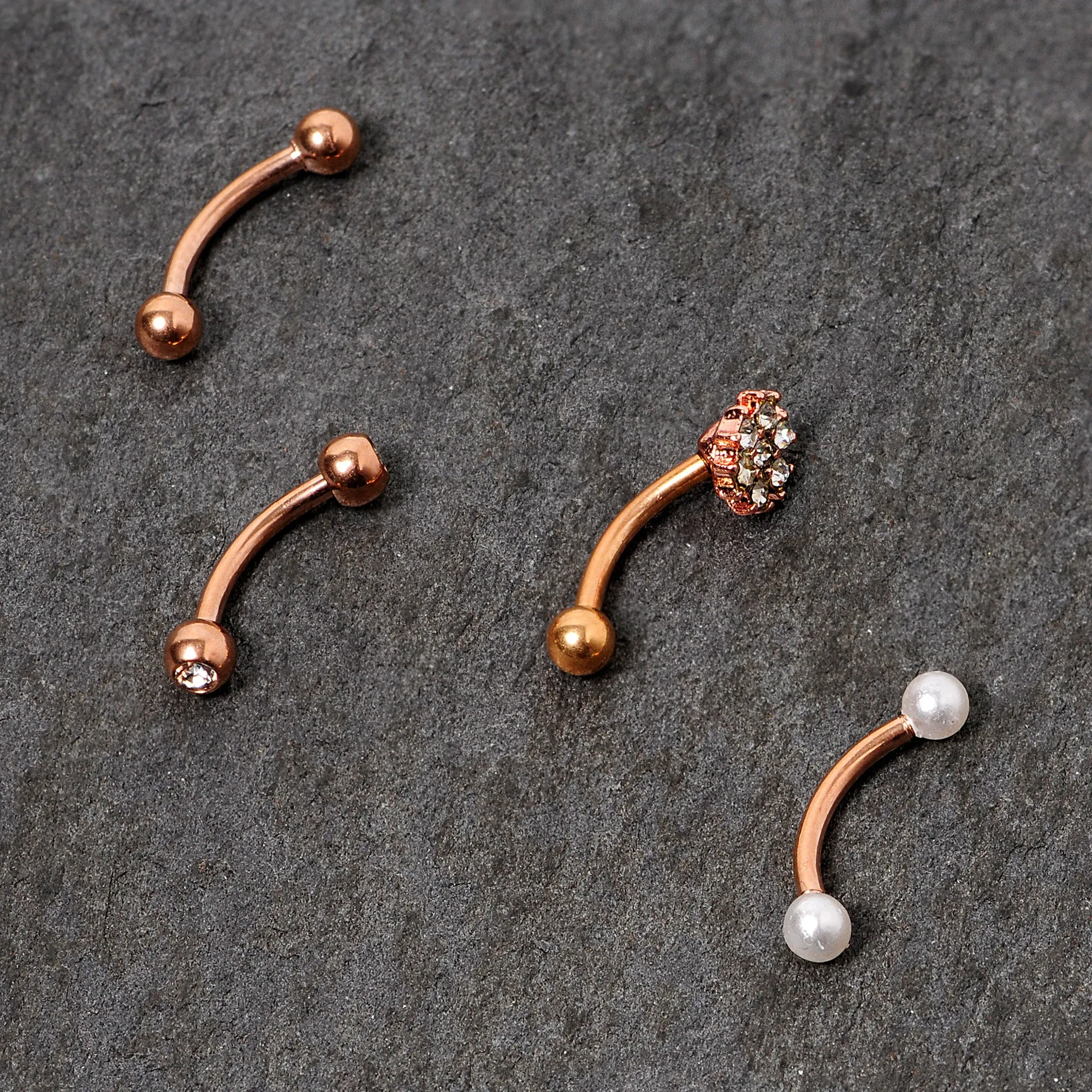 16 Gauge 5/16 Clear Gem Rose Gold Tone Curved Eyebrow Ring Set of 4