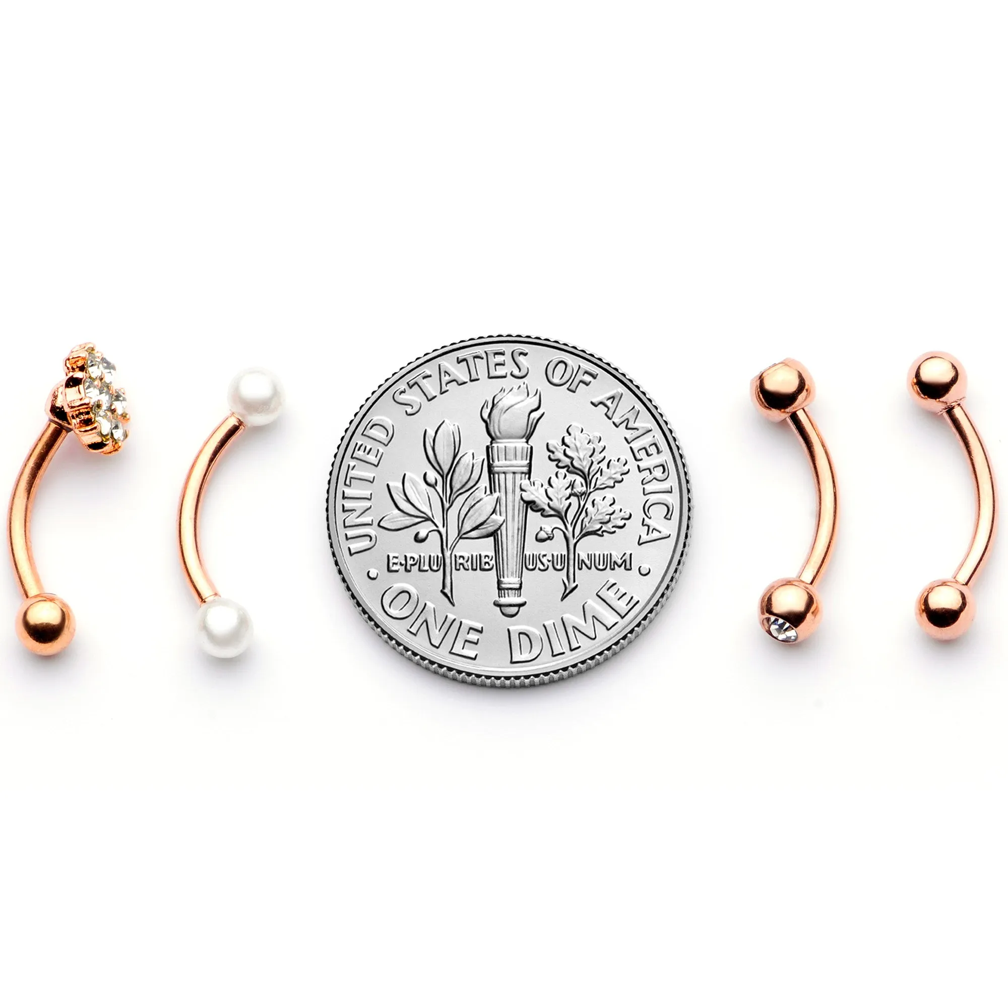 16 Gauge 5/16 Clear Gem Rose Gold Tone Curved Eyebrow Ring Set of 4