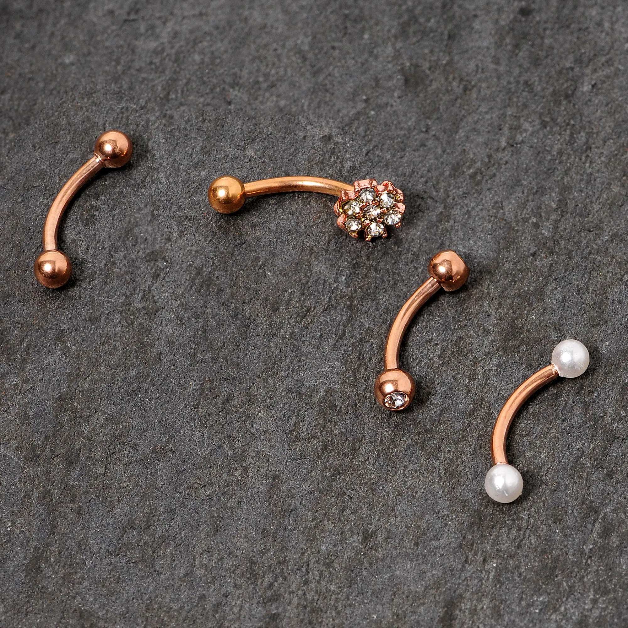 16 Gauge 5/16 Clear Gem Rose Gold Tone Curved Eyebrow Ring Set of 4