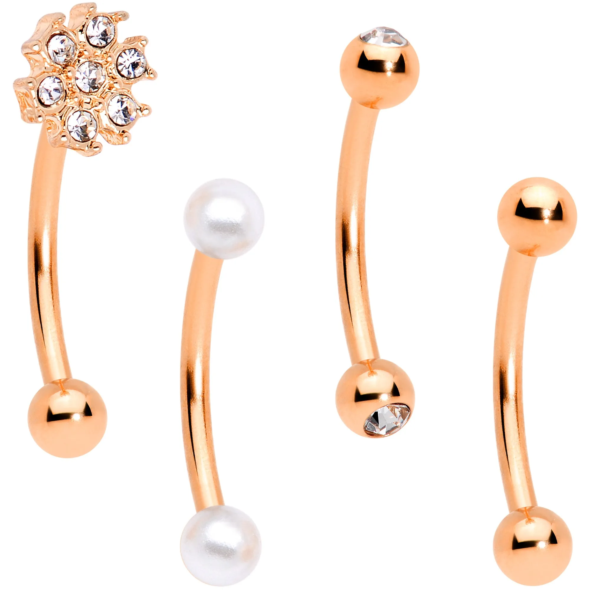 16 Gauge 5/16 Clear Gem Rose Gold Tone Curved Eyebrow Ring Set of 4