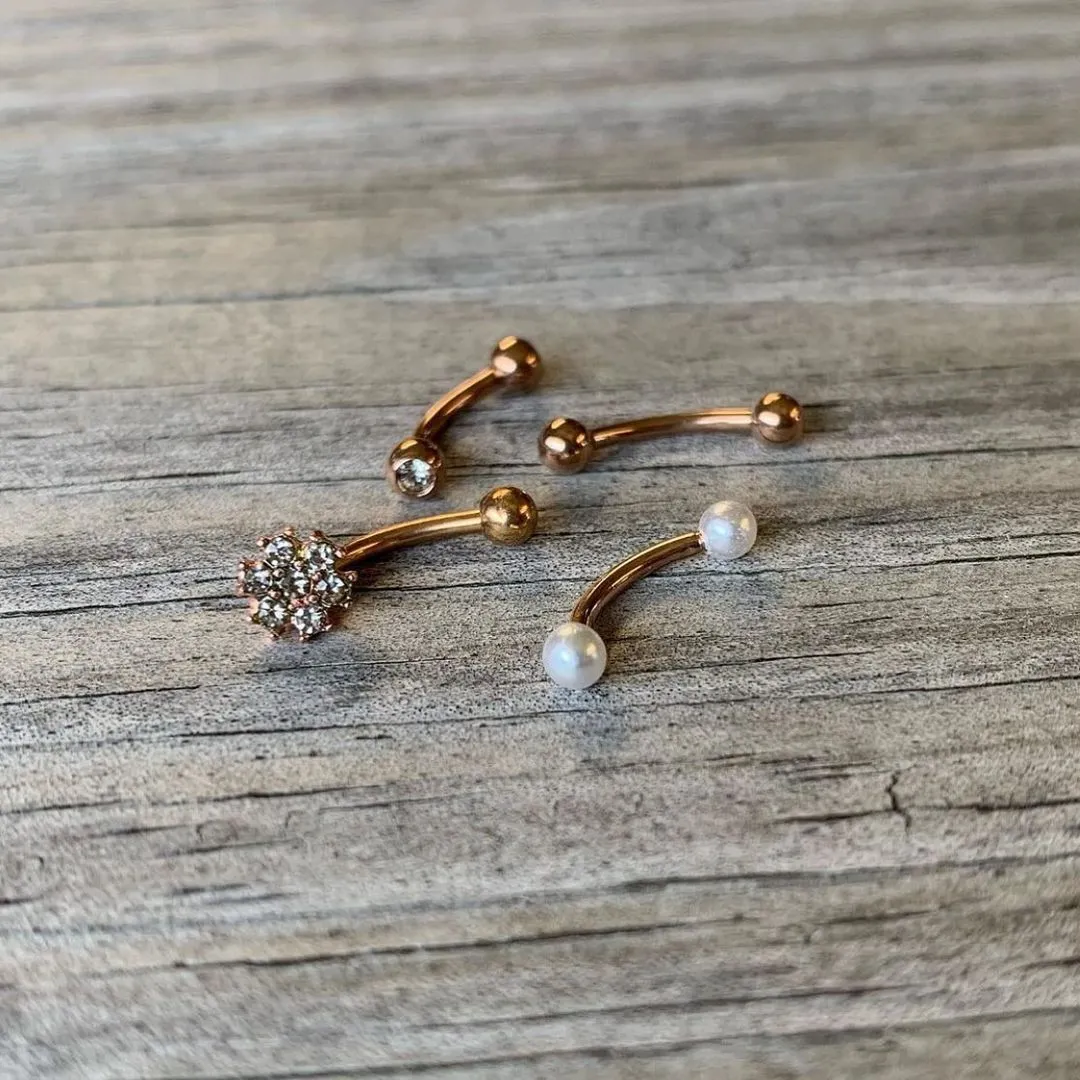 16 Gauge 5/16 Clear Gem Rose Gold Tone Curved Eyebrow Ring Set of 4