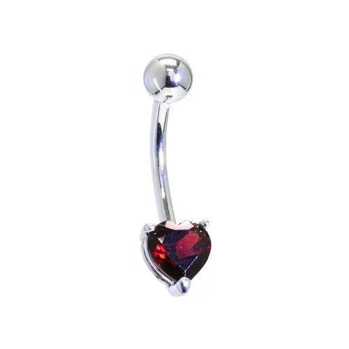 16 Gauge Solid 14KT White Gold Genuine Garnet Heart Solitaire Belly Ring