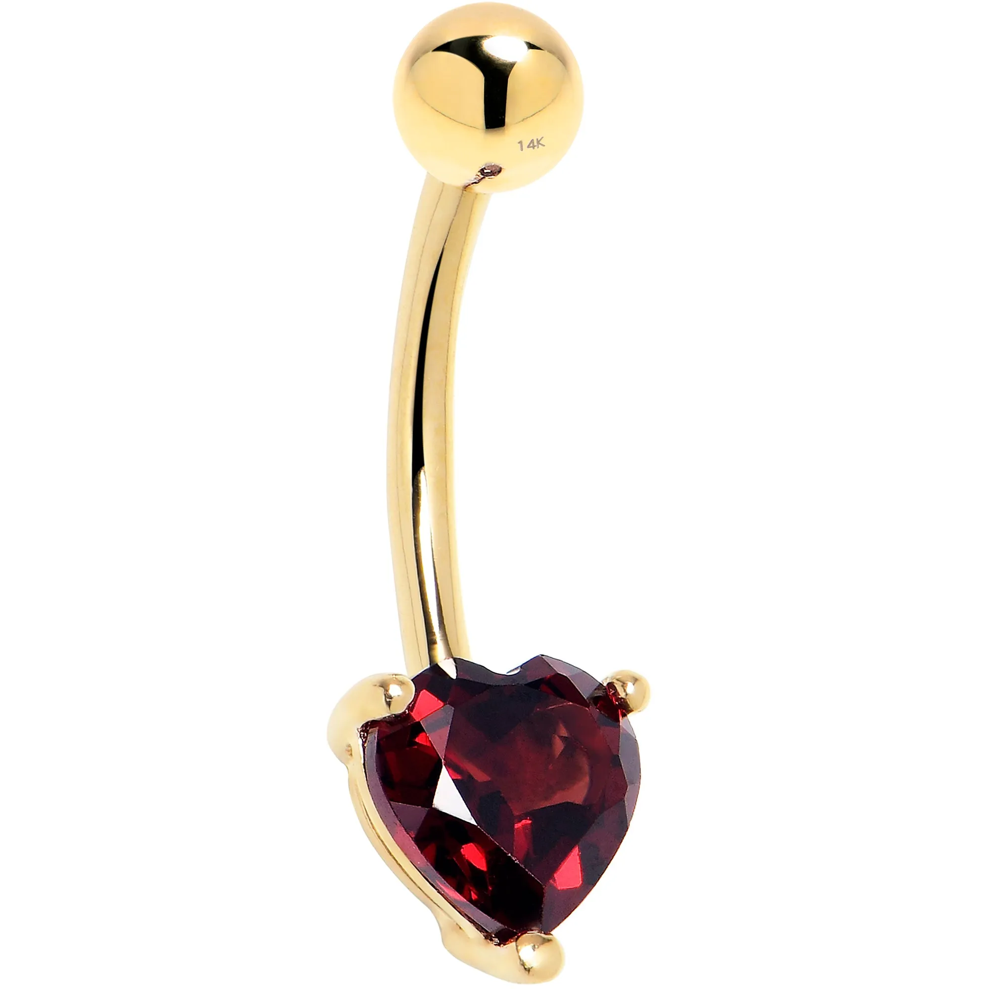 16 Gauge Solid 14KT Yellow Gold Genuine Garnet Heart Solitaire Belly Ring