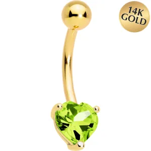 16 Gauge Solid 14KT Yellow Gold Genuine Peridot Heart Solitaire Belly Ring