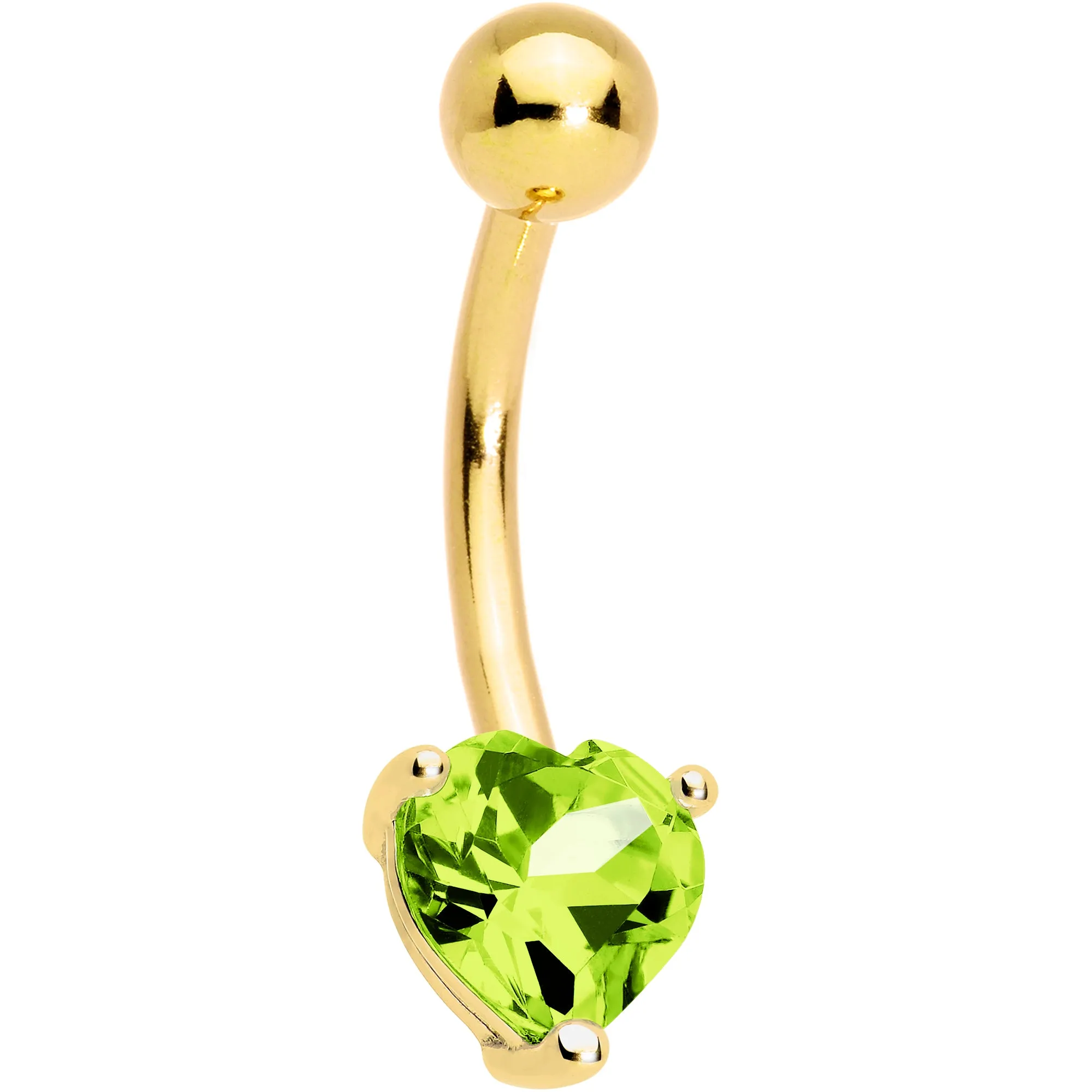 16 Gauge Solid 14KT Yellow Gold Genuine Peridot Heart Solitaire Belly Ring