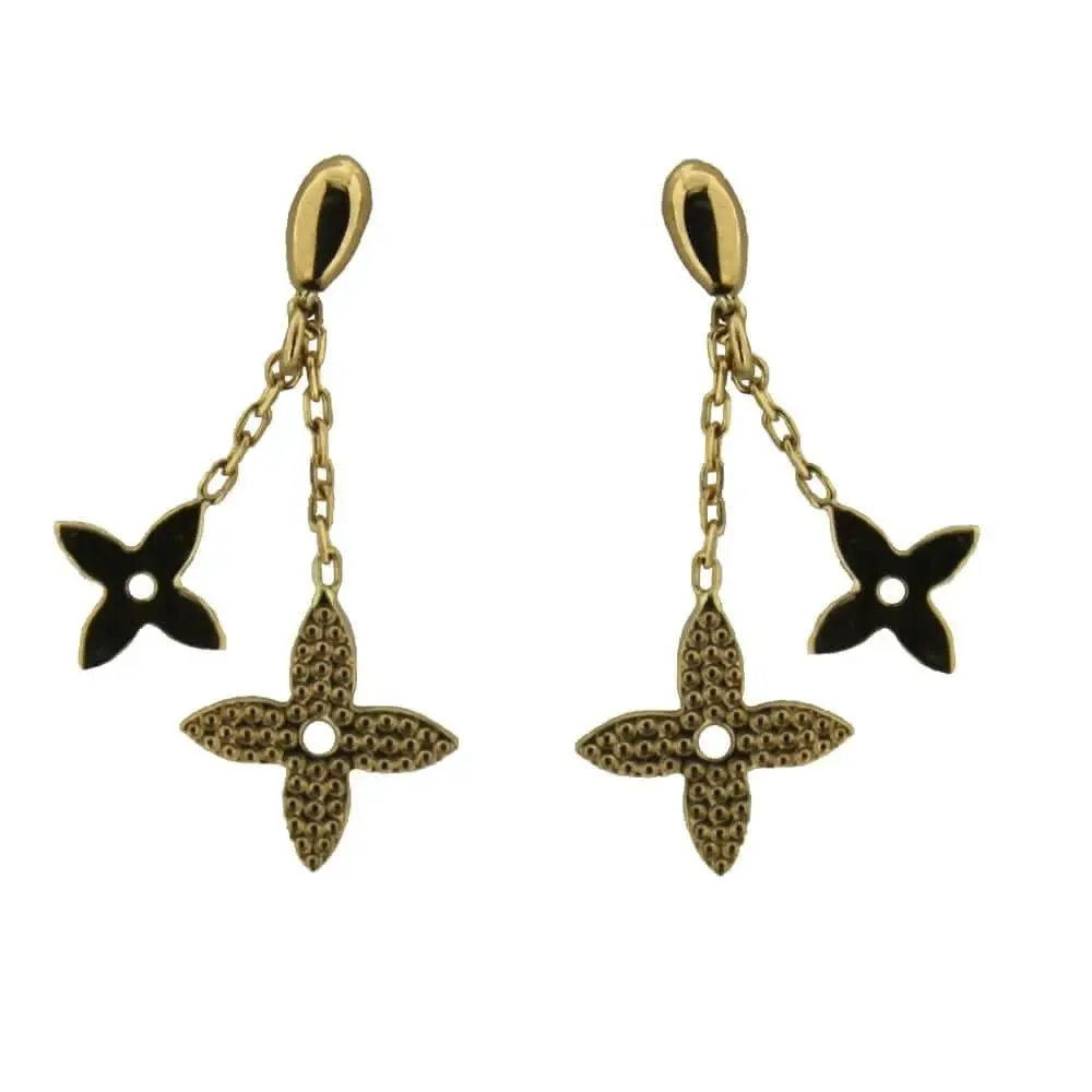 18K Yellow Gold Textured & Polished Flower Dangle Earrings