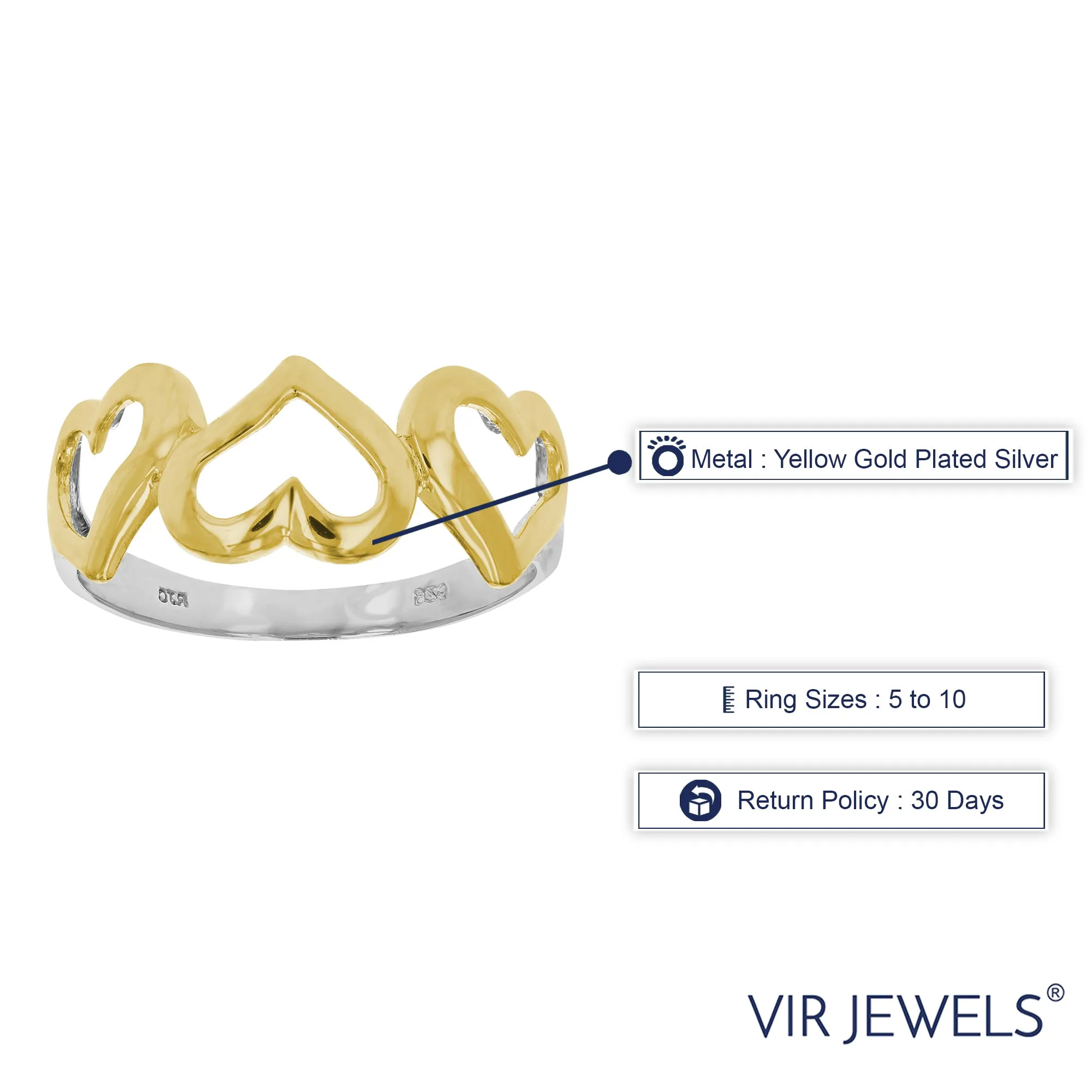 3 Hearts Fashion Ring in Yellow Gold Plated over .925 Sterling Silver