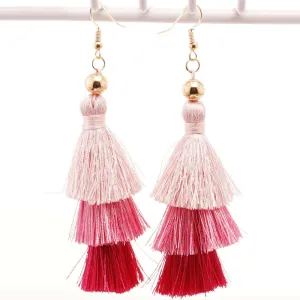 3 Layer Hot Pink Tassel Earrings