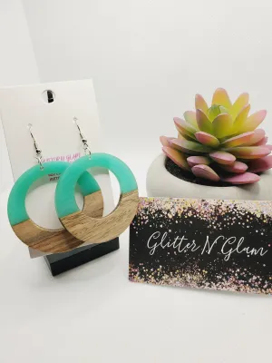 482 Teal Circle Resin and Wood Dangle Earrings