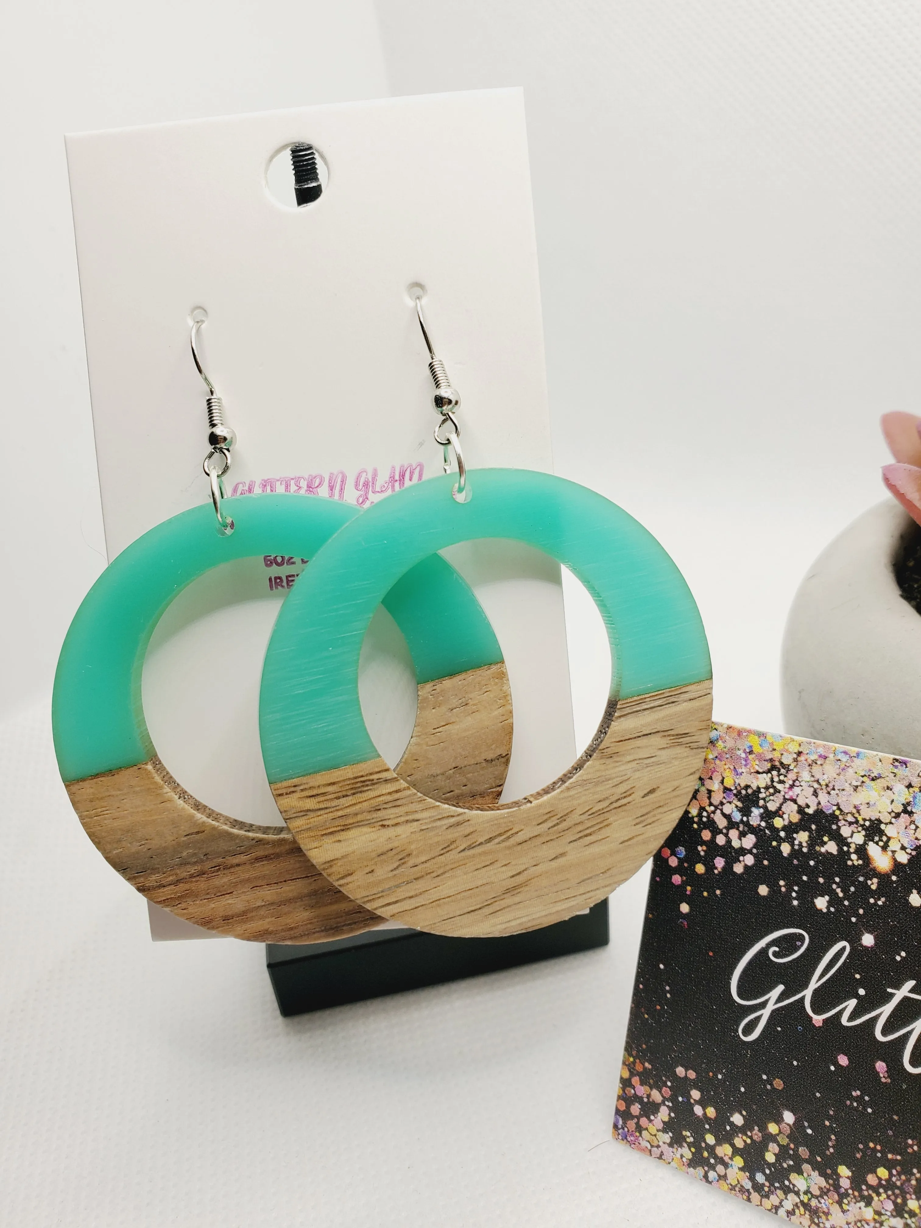 482 Teal Circle Resin and Wood Dangle Earrings