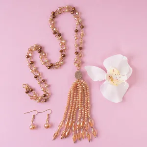 72786 - Crystal Beaded Tassel Necklace - Champagne