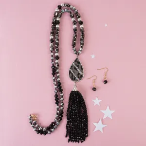 72889 - Animal Print Beaded Tassel Necklace - Black