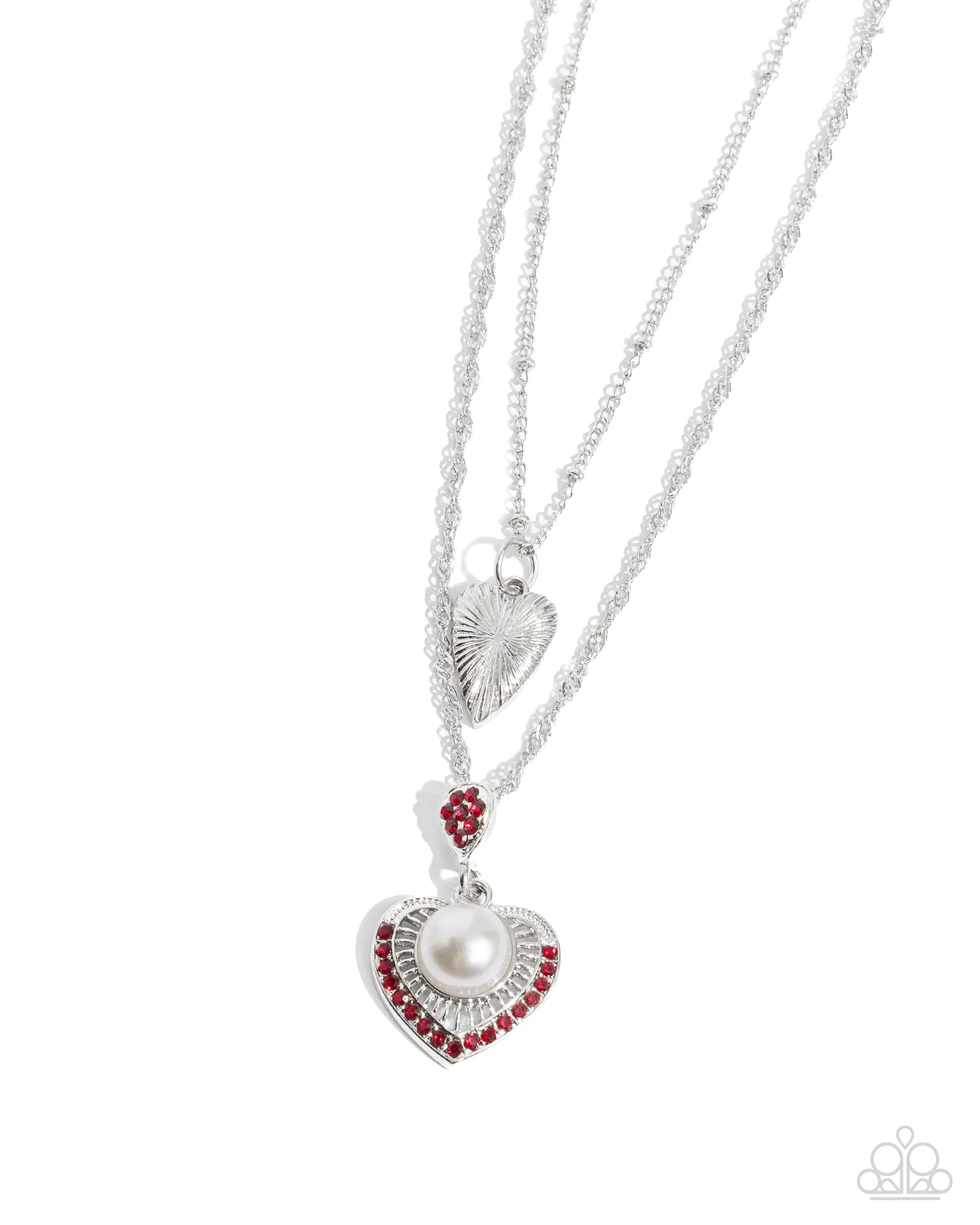 Abstract Affection - Red - Rhinestone and Oversized Pearl Heart Tiered Paparazzi Short Necklace