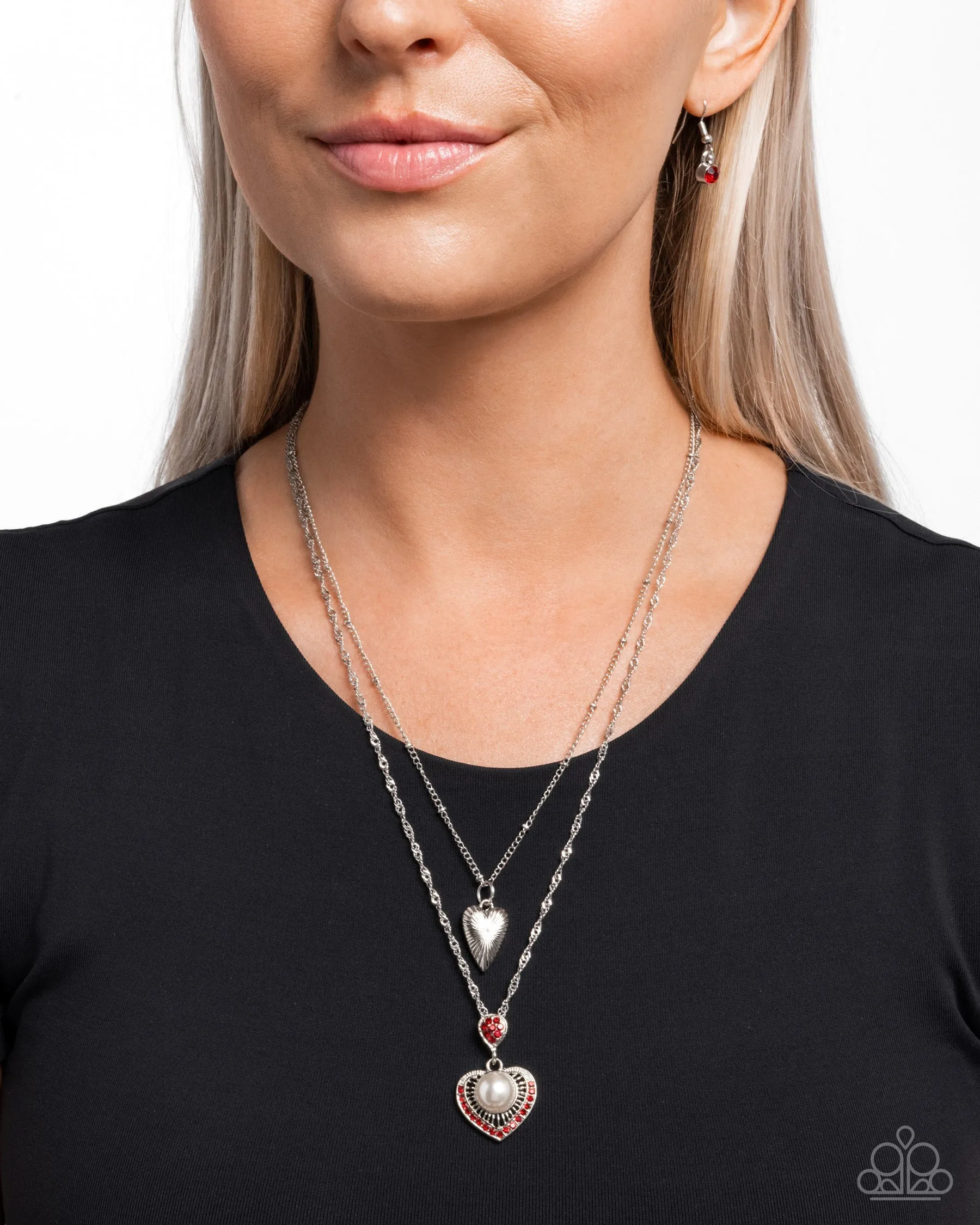Abstract Affection - Red - Rhinestone and Oversized Pearl Heart Tiered Paparazzi Short Necklace