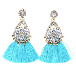 AJS Baby Blue Tassel and Rhinestone Earrings