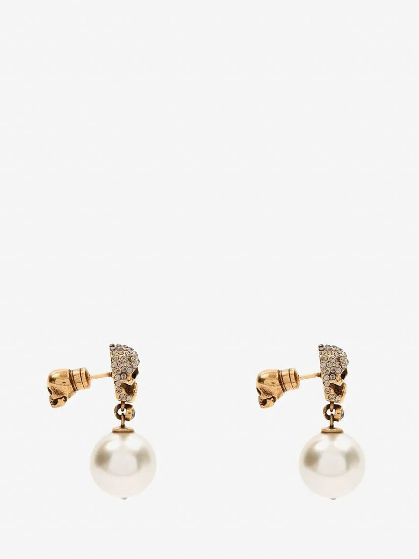Alexander McQueen Pearl Pave Skull Earrings in Antique Gold