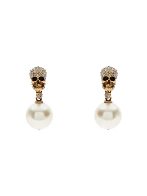 Alexander McQueen Pearl Pave Skull Earrings in Antique Gold