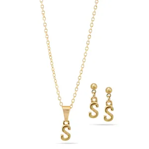 ALPHABET "S" GOLD SMALL PENDANT SHORT NECKLACE AND EARRINGS SET #SWKK-11768SGLD (IH1)