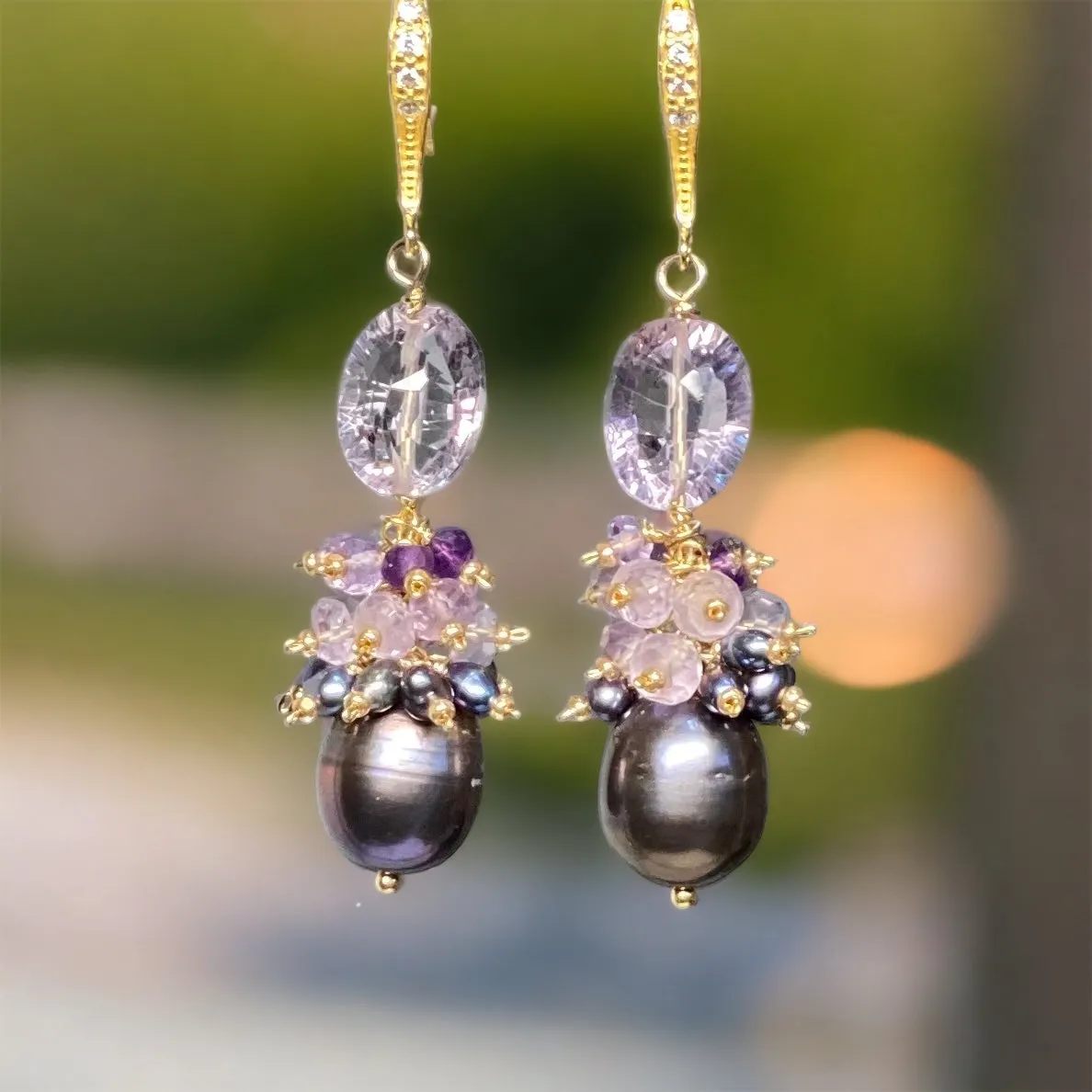 Amethyst Cluster Peacock Baroque Pearl Earrings Gold