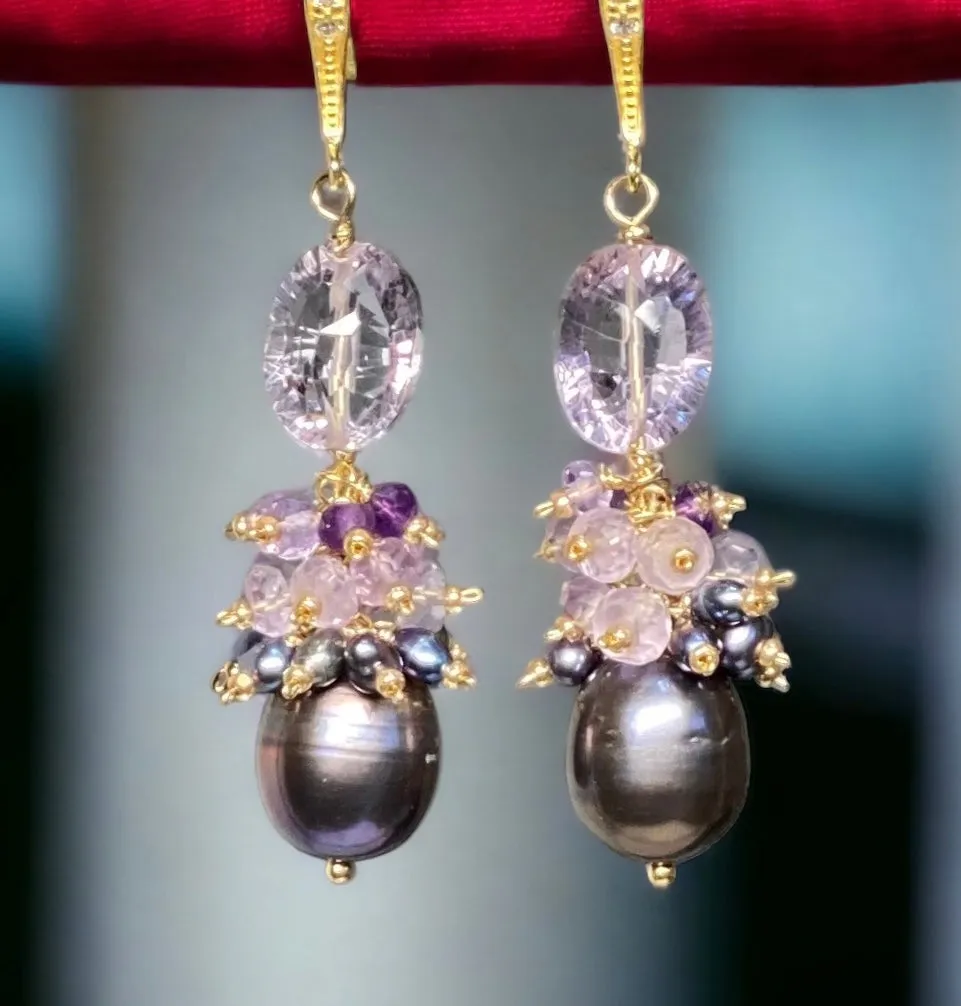 Amethyst Cluster Peacock Baroque Pearl Earrings Gold