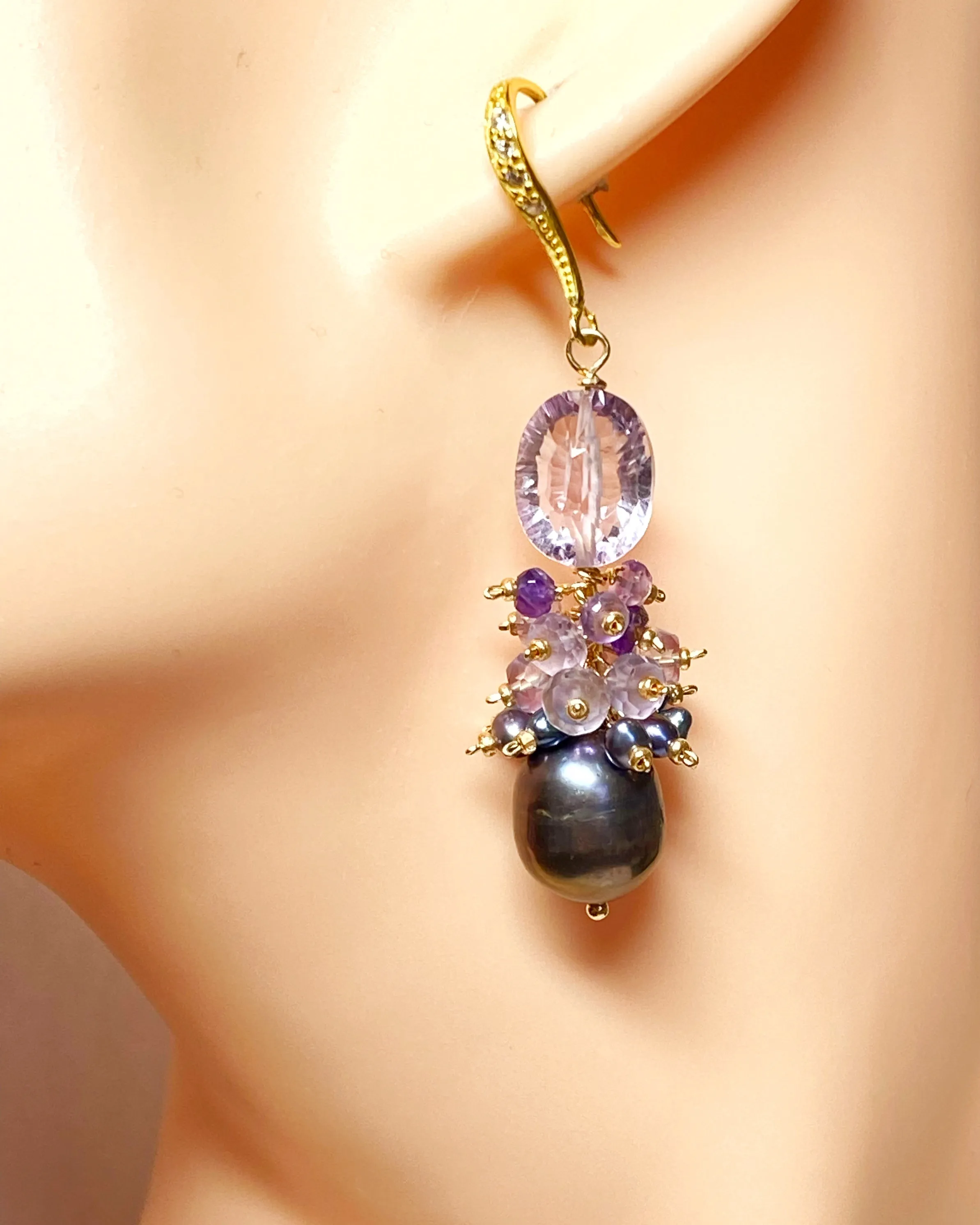 Amethyst Cluster Peacock Baroque Pearl Earrings Gold