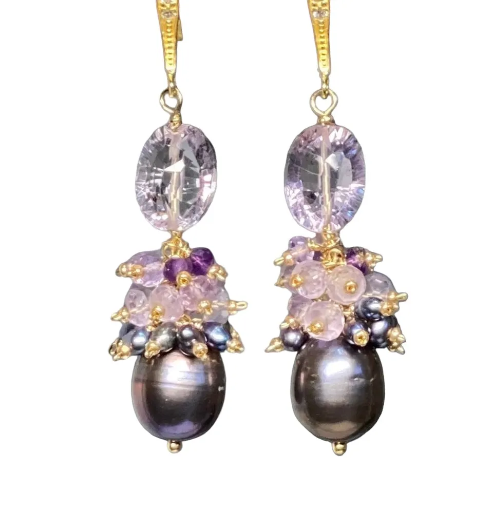 Amethyst Cluster Peacock Baroque Pearl Earrings Gold