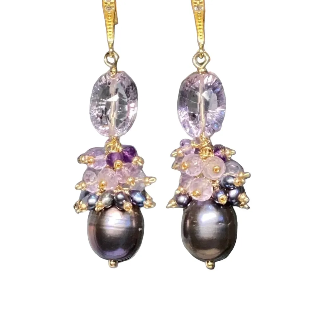 Amethyst Cluster Peacock Baroque Pearl Earrings Gold