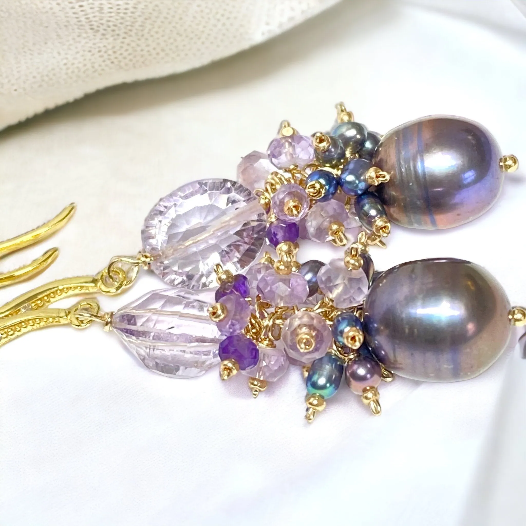 Amethyst Cluster Peacock Baroque Pearl Earrings Gold