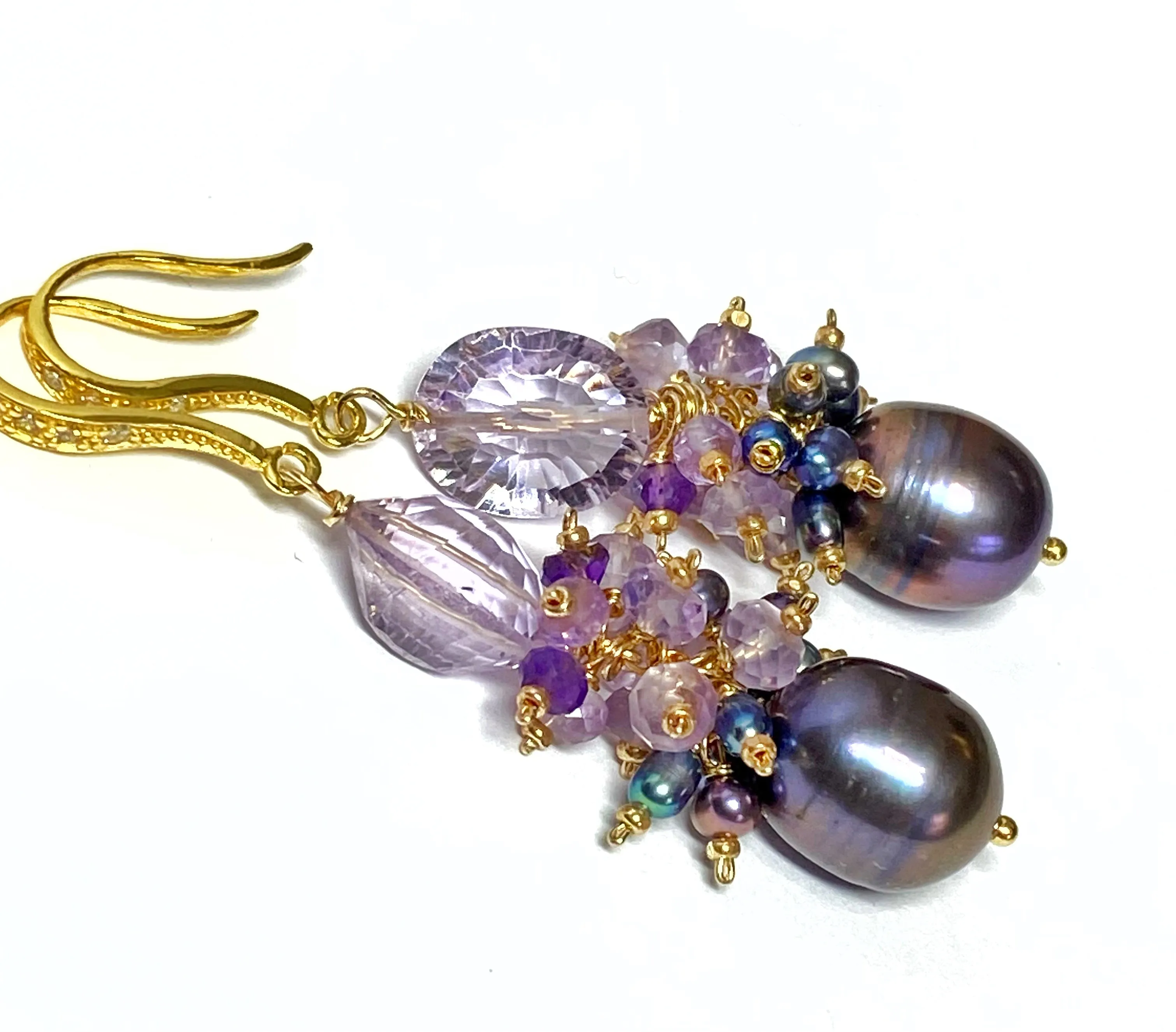 Amethyst Cluster Peacock Baroque Pearl Earrings Gold