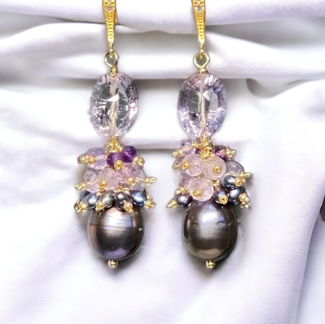 Amethyst Cluster Peacock Baroque Pearl Earrings Gold