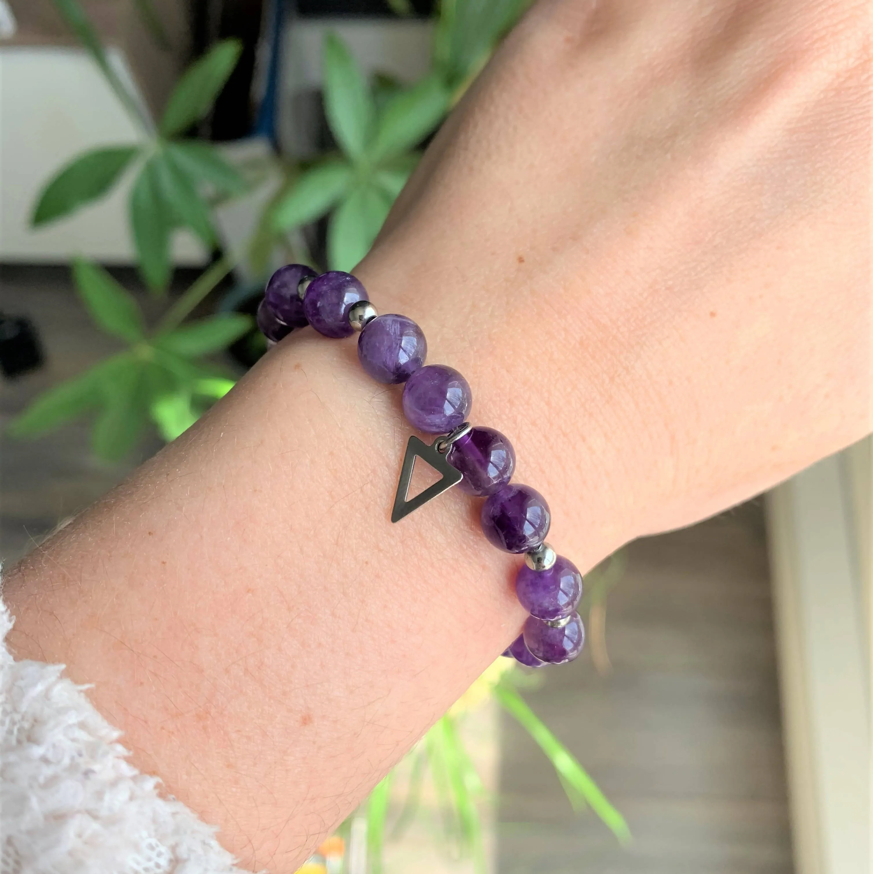 Améthyste - bracelet élastique en pierres semi-précieuses pour femmes : améthyste et acier inoxydable