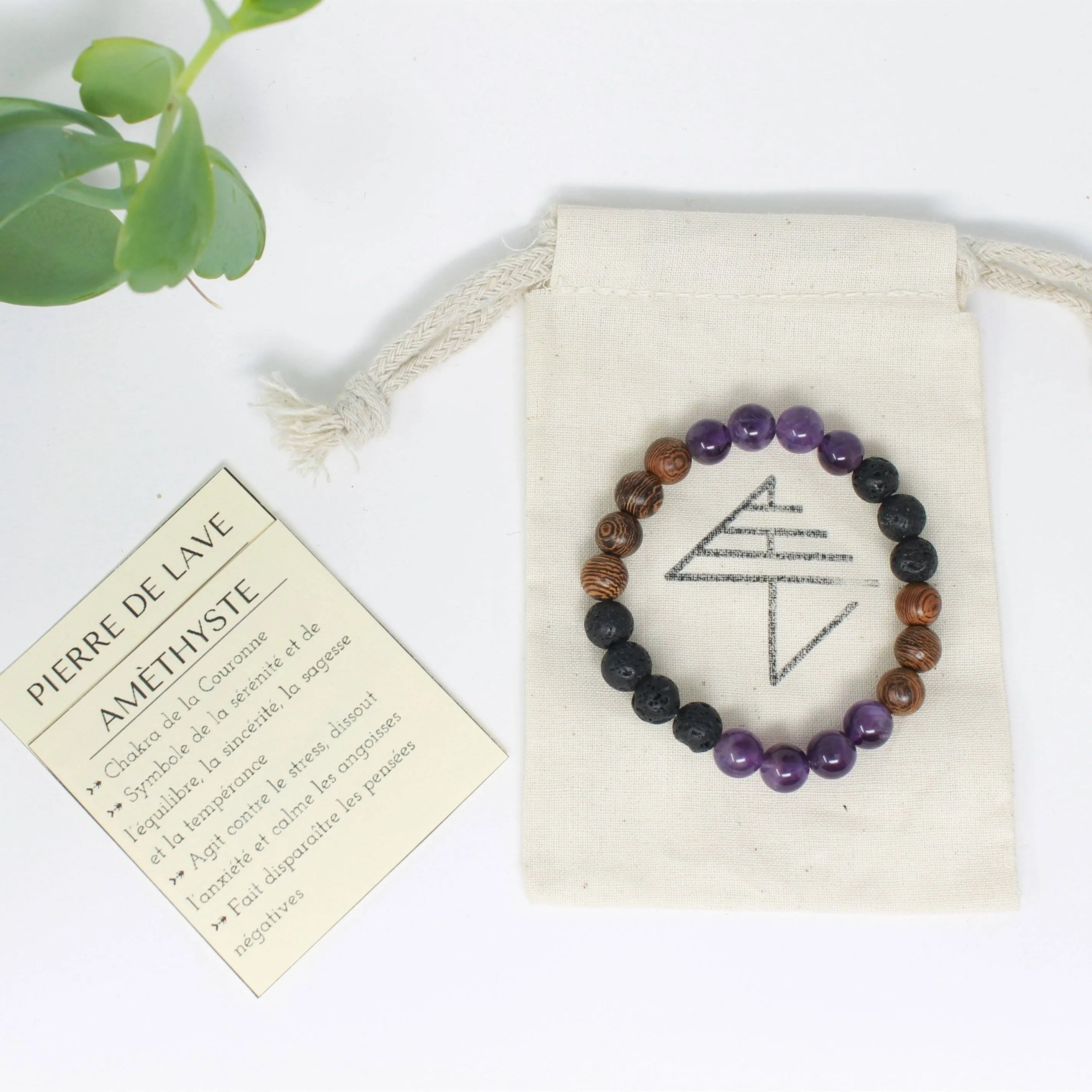Amy - bracelet élastique pour hommes et femmes en pierres semi-précieuses, bois et acier inoxydable