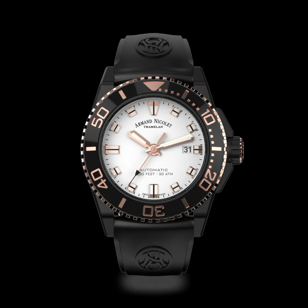 ARMAND NICOLET JS9-44 MEN'S AUTOMATIC BLACK STRAP SILVER DIAL WATCH
