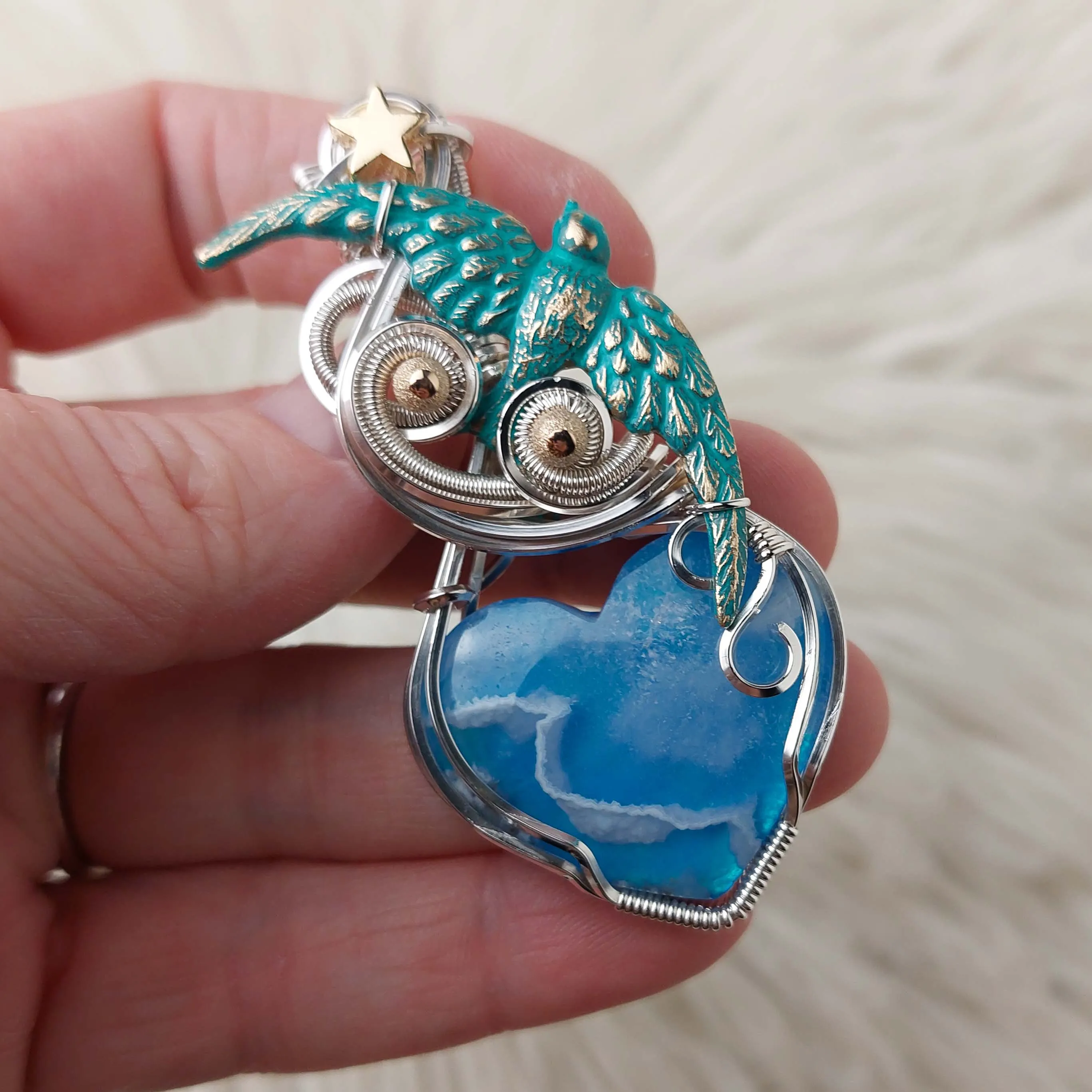 Aurora Opal and Plume Agate Doublet Heart Pendant Set In Sterling Silver