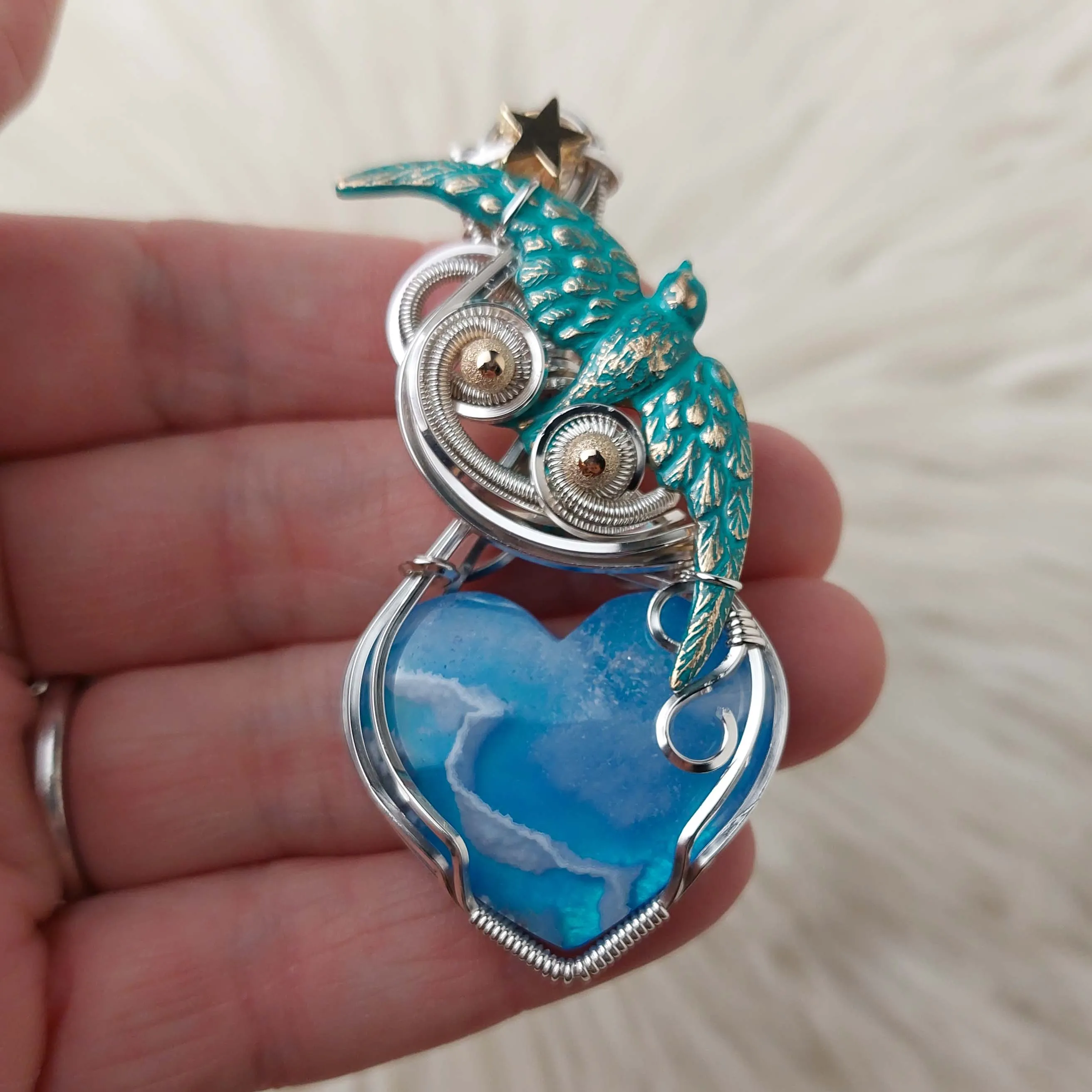Aurora Opal and Plume Agate Doublet Heart Pendant Set In Sterling Silver