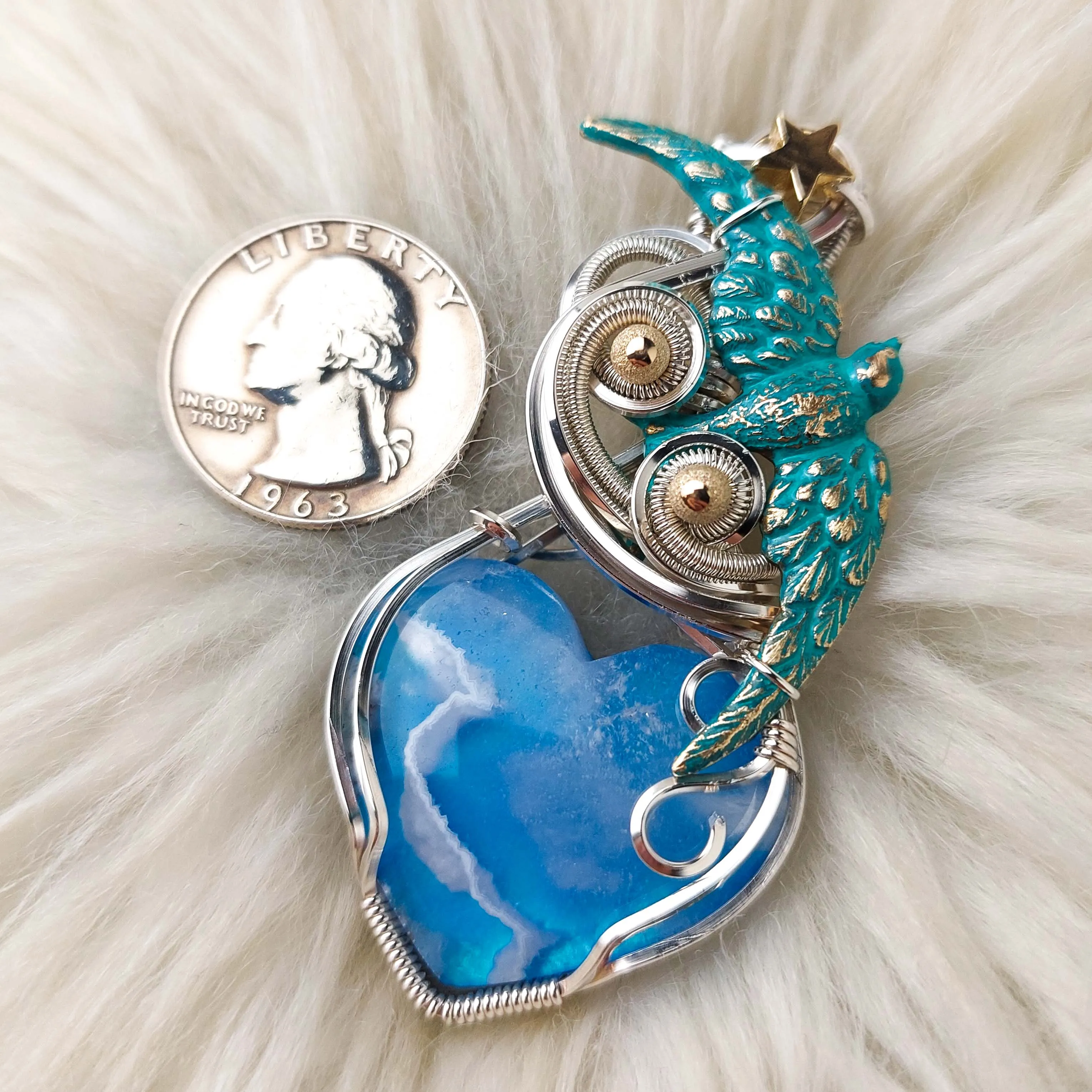 Aurora Opal and Plume Agate Doublet Heart Pendant Set In Sterling Silver
