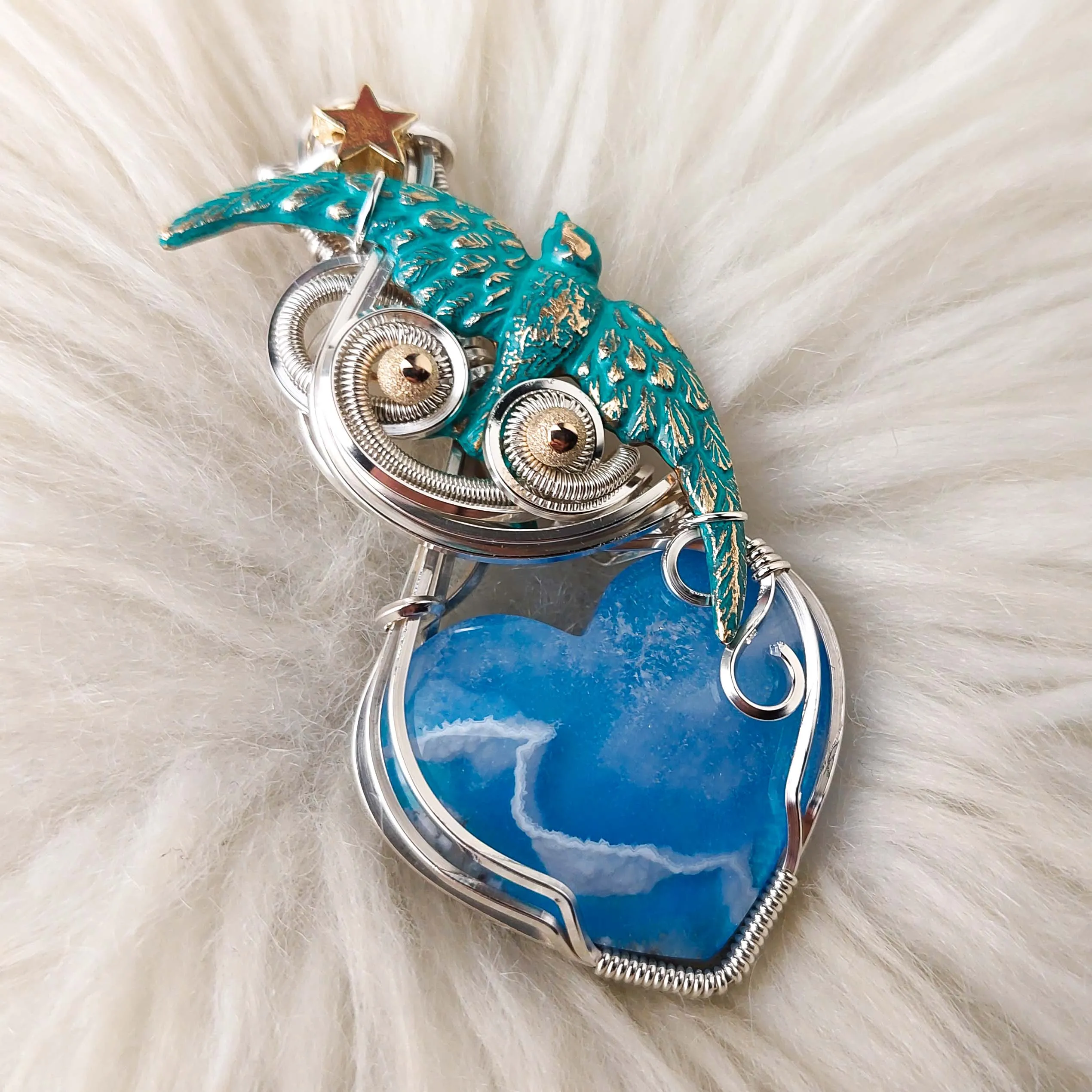 Aurora Opal and Plume Agate Doublet Heart Pendant Set In Sterling Silver